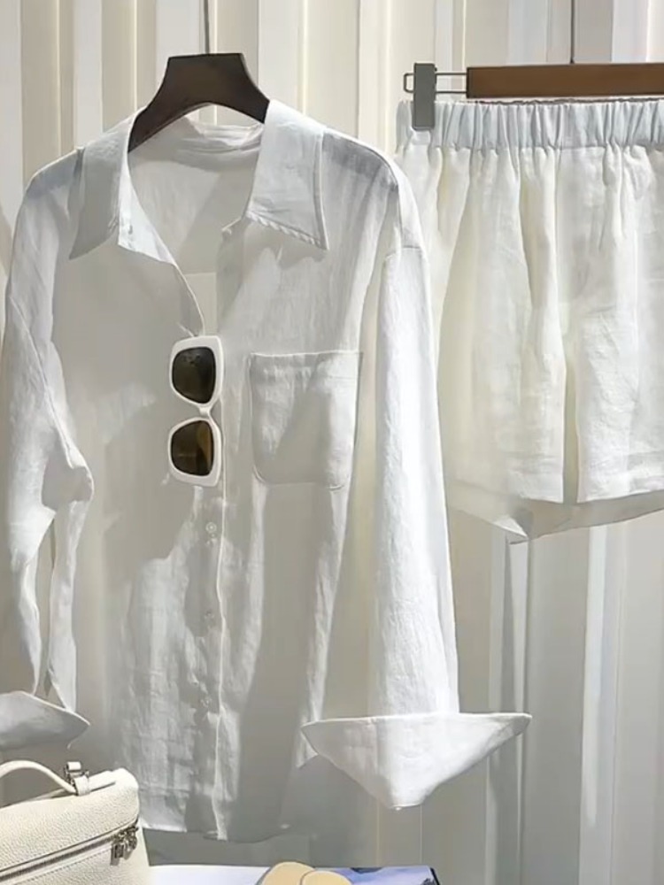 Linen Pant Wide - Zomer dames linnen shirtset, losvallend, wijde