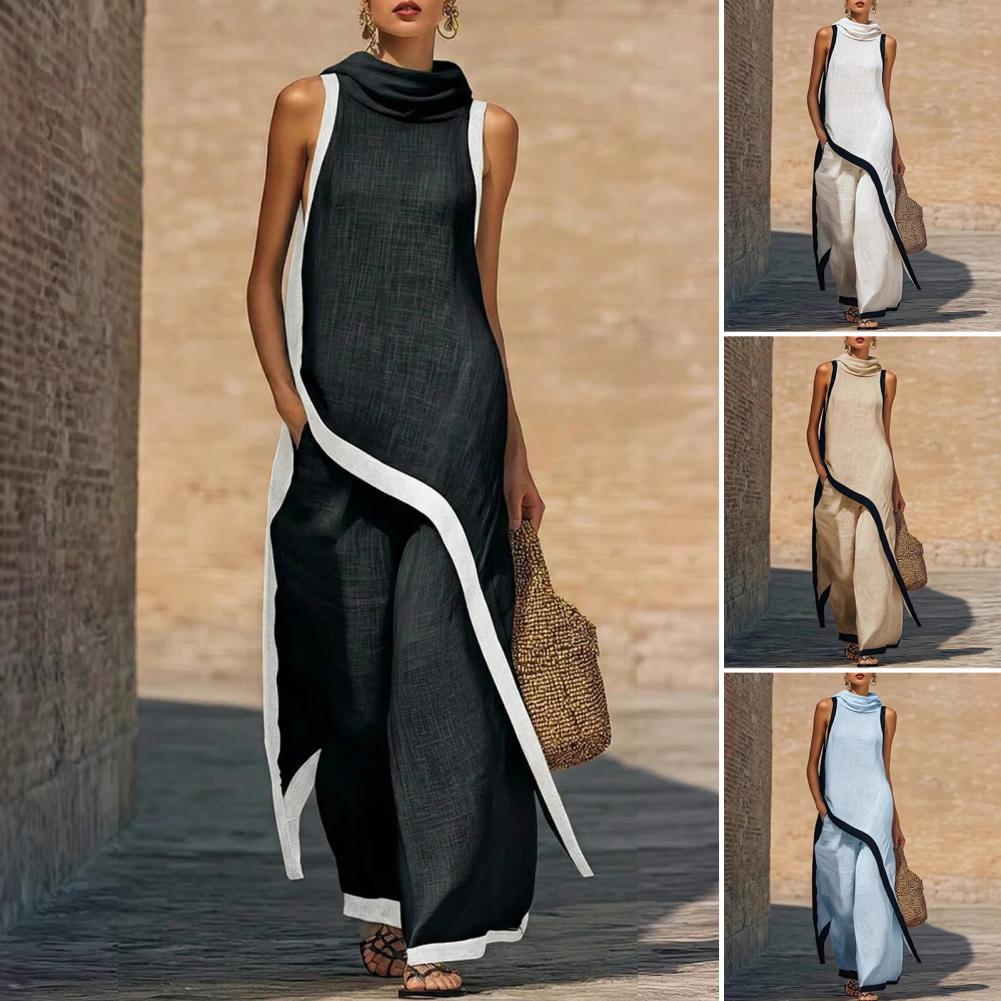 Linen Pant Wide - Dames Kleurblok Katoen Linnen Tweedelige outfit